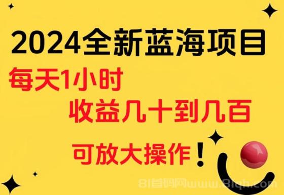 小白有手就行的2024全新蓝海项目，每天1小时收益几十到几百，可放大操作