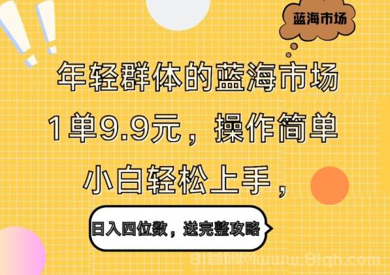 年轻群体的蓝海市场，1单9.9元，操作简单，小白轻松上手，日入四位数，送完整攻略