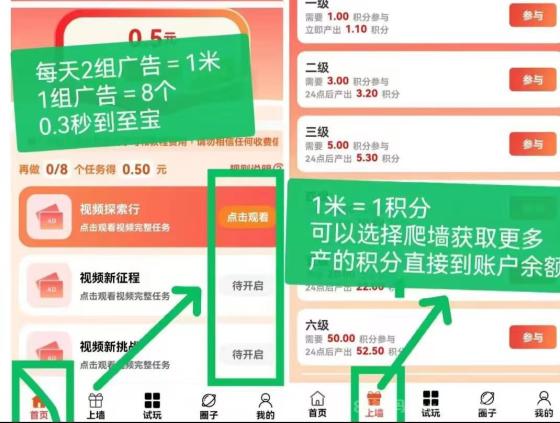 首码闲玩共享：0撸保底+爬墙，每日两组广告保底1米，不养机，固定收益