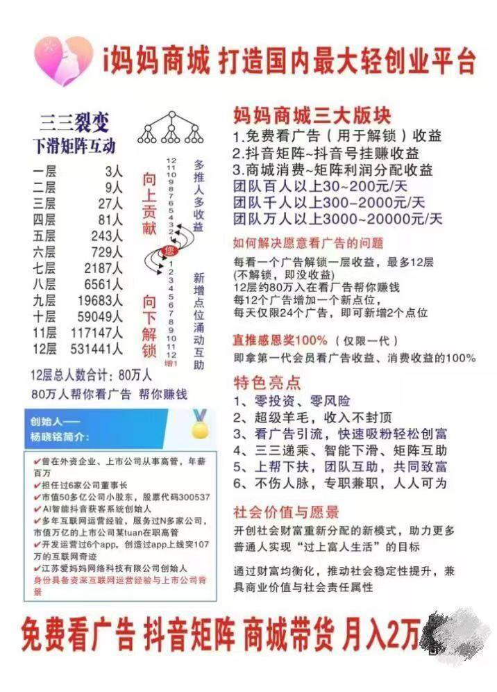 “爱i妈妈商城”暴富模式来袭,看广告“日收益可达1.6W”,开启零投入创富!