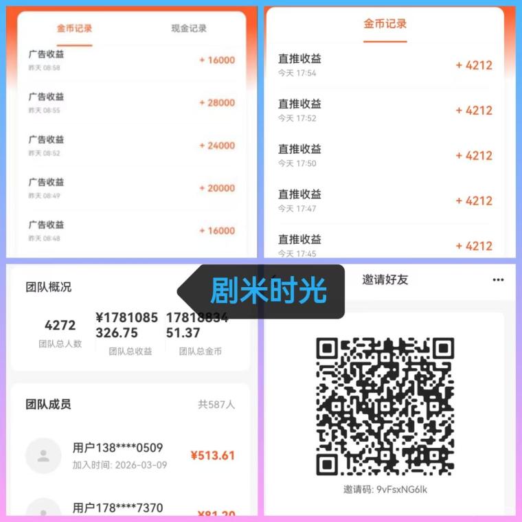 剧米时光新出上线：单条广告最高35000金币招线上线下组队干，满5元提现