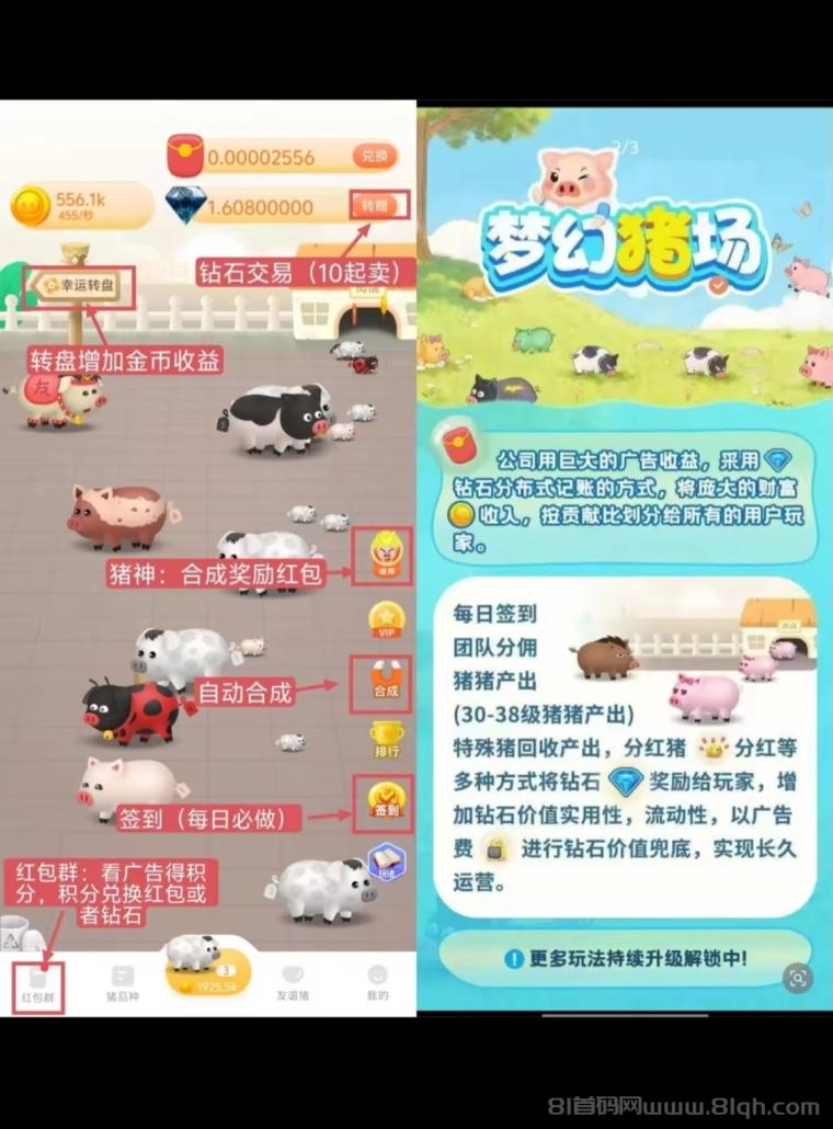 梦幻猪场零撸合成分红平台：注册实名每日3广告签到得0.75钻石，30至38级猪猪产出钻石分红致富