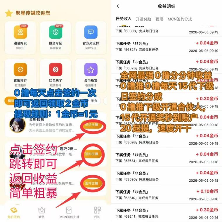 首码《聚星传媒》暴力0撸每天签约一次2金币无广告。