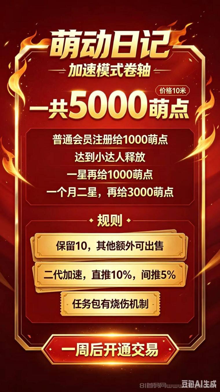 萌动日记：新项目卷轴模式零撸玩法简单，每天7个广告产萌贝，注册送萌萌鸡30天产12.3个