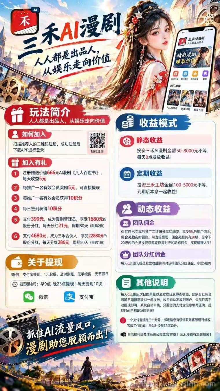 三禾漫剧零撸上线，注册送漫剧每天5米