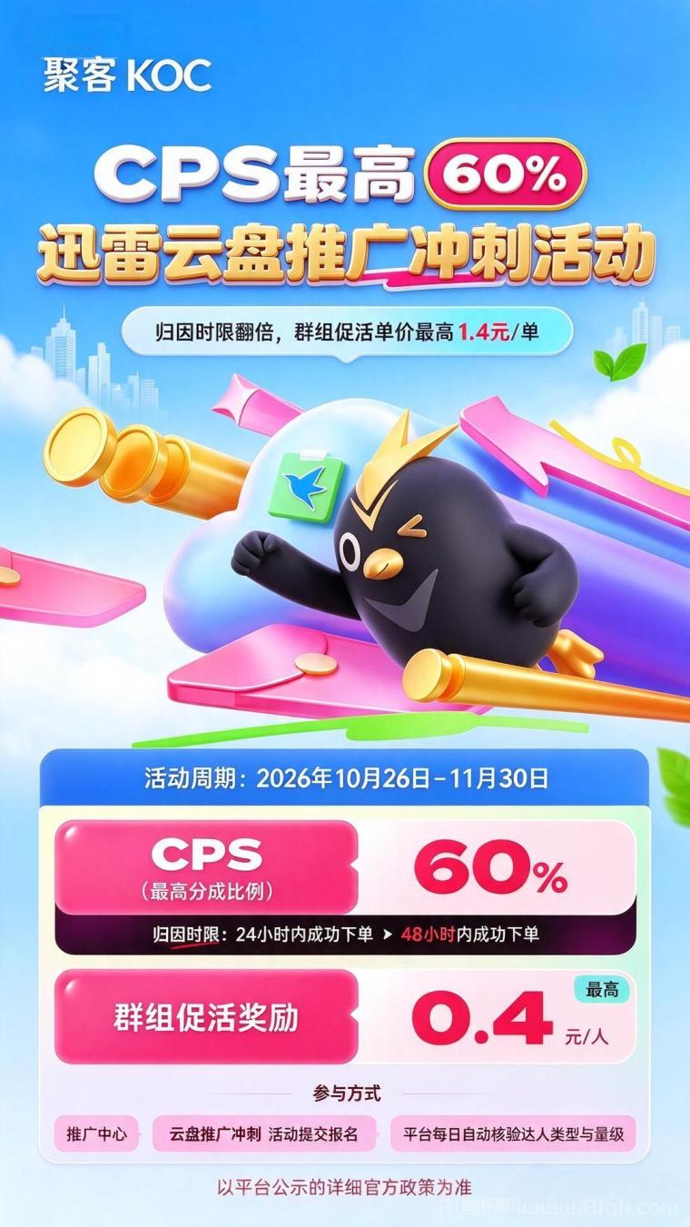 聚客KOC迅雷云盘冲刺活动：CPS最高60%，归因时长延长到48小时